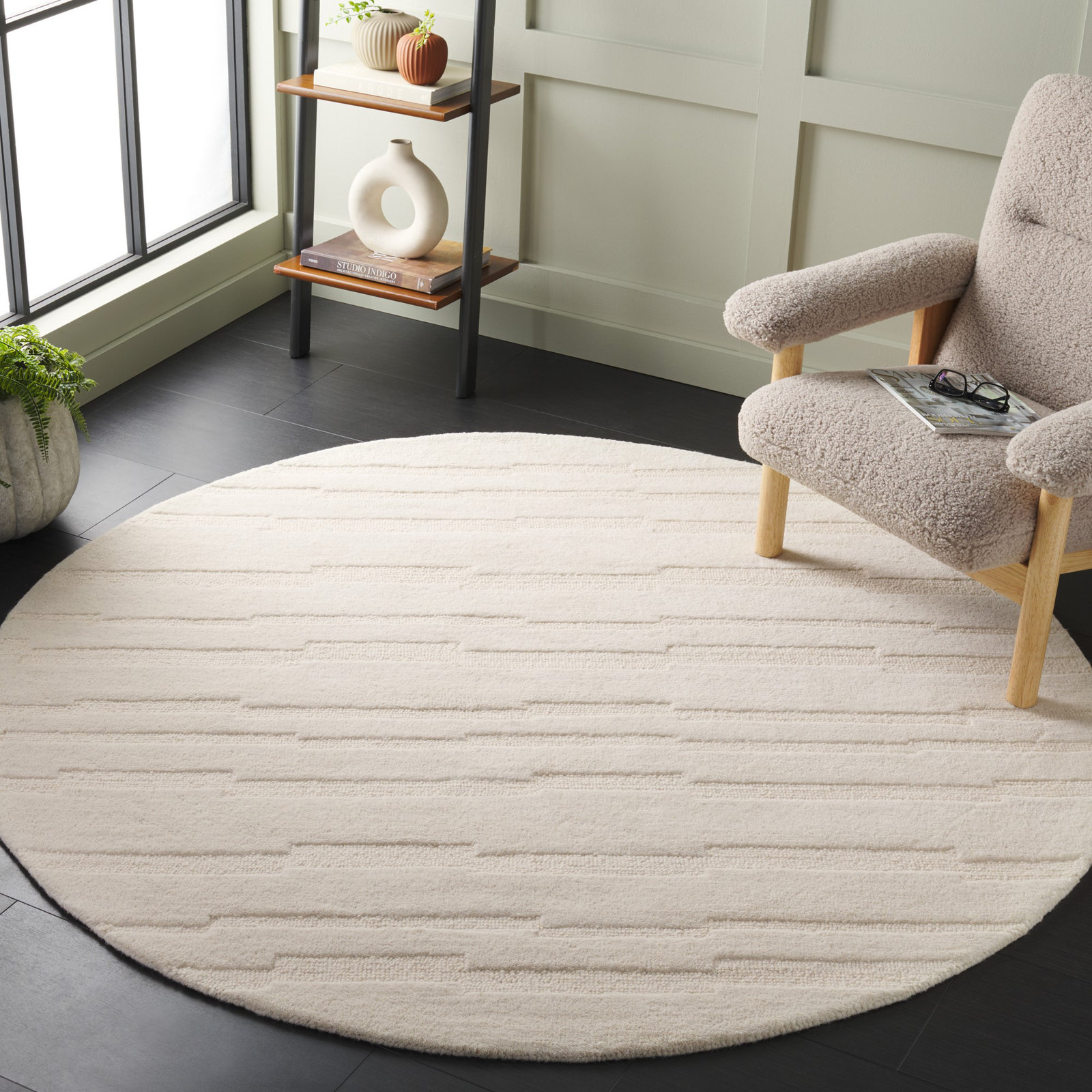 Elona Ivory Hand-Tufted Geometric Wool Rug, Round 6'