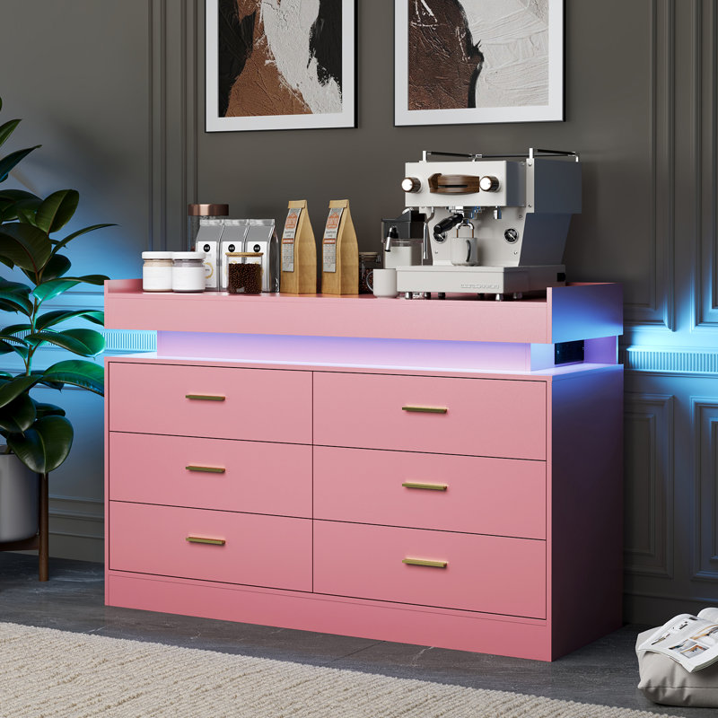 Buffet moderne à DEL 6 tiroirs, station de charge, comptoir flottant, meuble télé, rangement pour bar, salon, chambre à coucher, bureau - rose