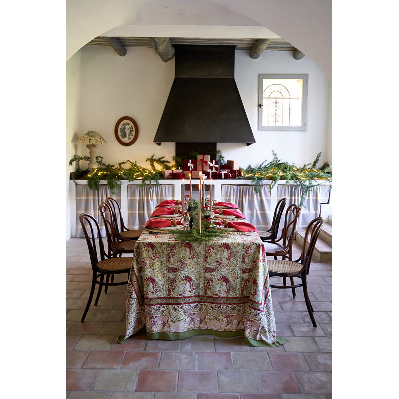 Renne Handmade Floral Tablecloth, 142" x 71", Green/Red