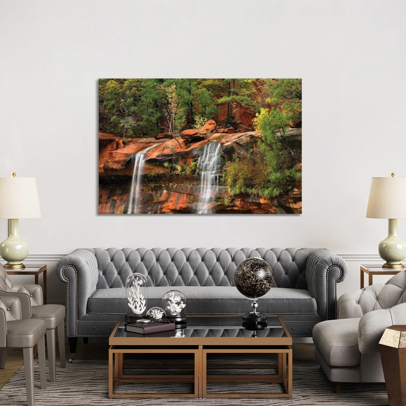 Cascades Tumbling 110 Feet At Emerald Pools, Note The Black Streaks Called Desert Varnish, Zion National Park, Utah II by Tim Fitzharris - Wrapped Canvas Print