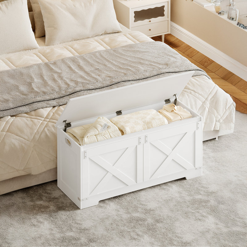 42.9" Storage Chest, Large Storage Trunk with 2 Hinges, Farmhouse Wooden Box Bench, Lift-Top Organizer Chest, Entryway Trunk for Bedroom, Living Room, White