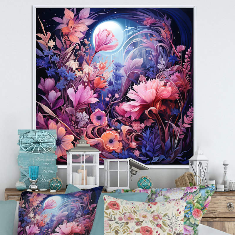 Rose et mauve floral prairie - art mural prairie, Cadre flottant blanc, 16" H x 16" W