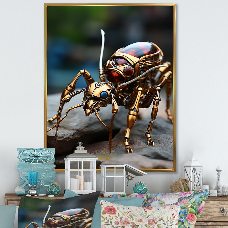 Travailleur métallique, fourmi bronze sur toile, Cadre flottant doré, H 44 po x l 34 po x P 1,5 po