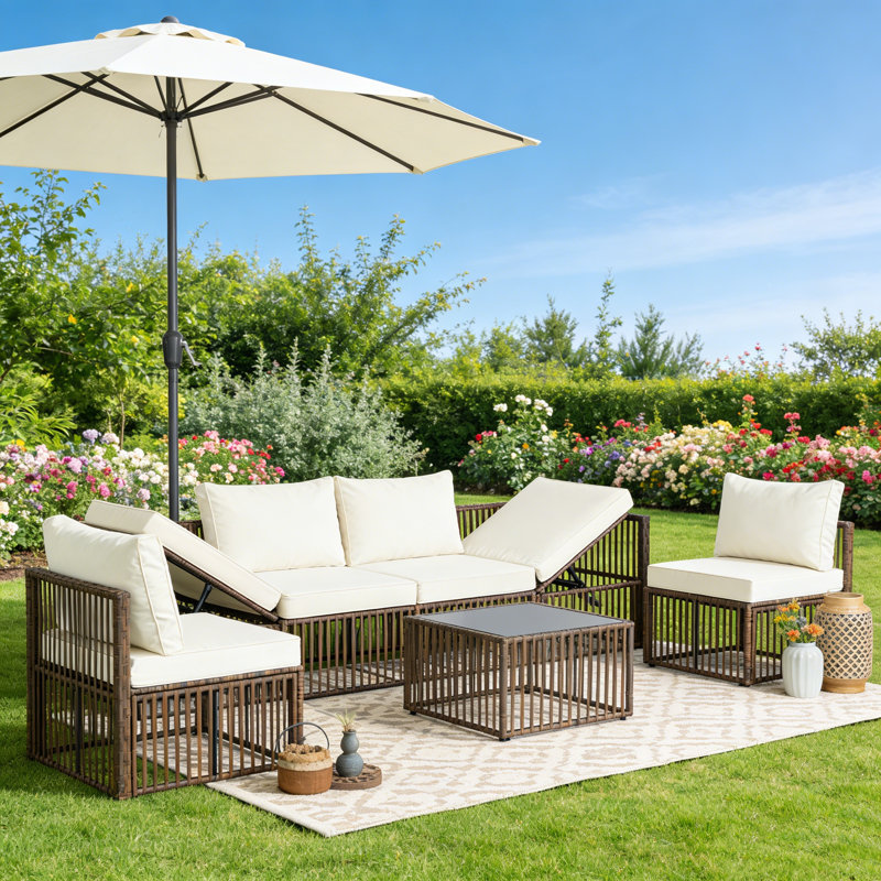 7-Piece Sectional Seating Group with Cushions, Brown, Navy