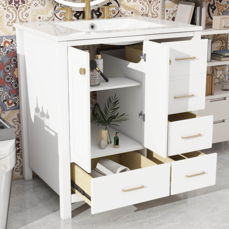 Meuble-lavabo de 30 po avec lavabo en céramique, armoire de rangement à 4 tiroirs et 2 portes, meuble-lavabo à cadre en bois massif