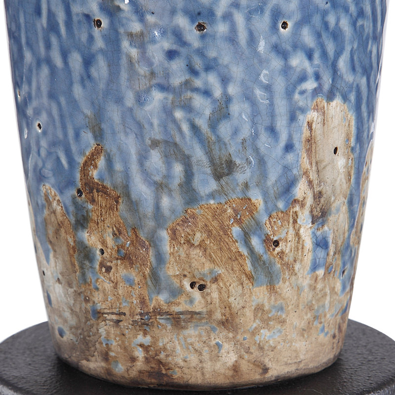Tall Blue Textured Ceramic Table Lamp with Khaki Linen Shade
