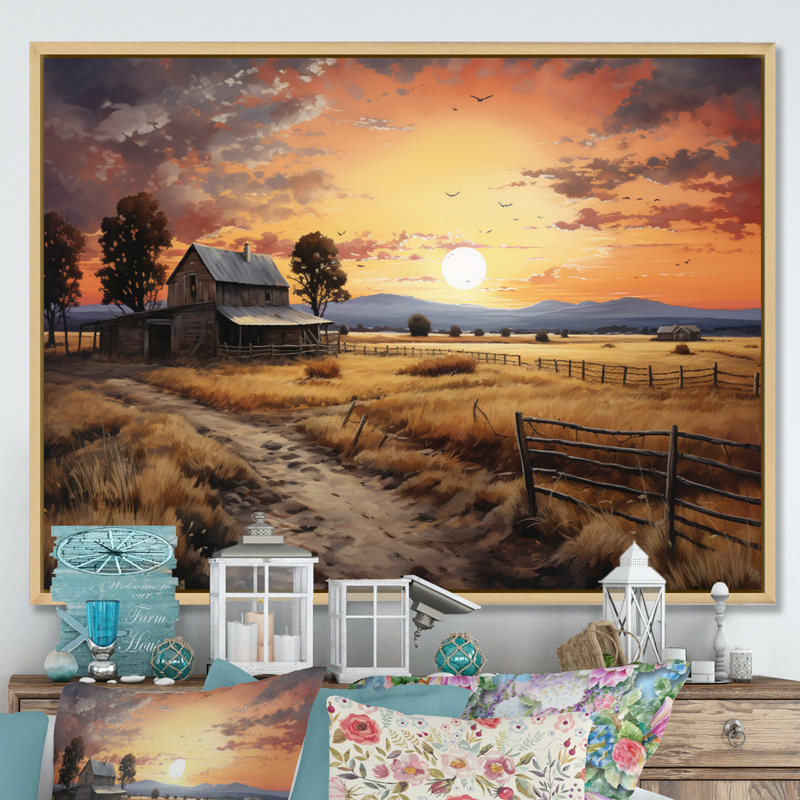 Paysage de grange au crépuscule IV - Art mural de grange pour le salon, H 12 po x l 20 po, Reproduction avec cadre flottant