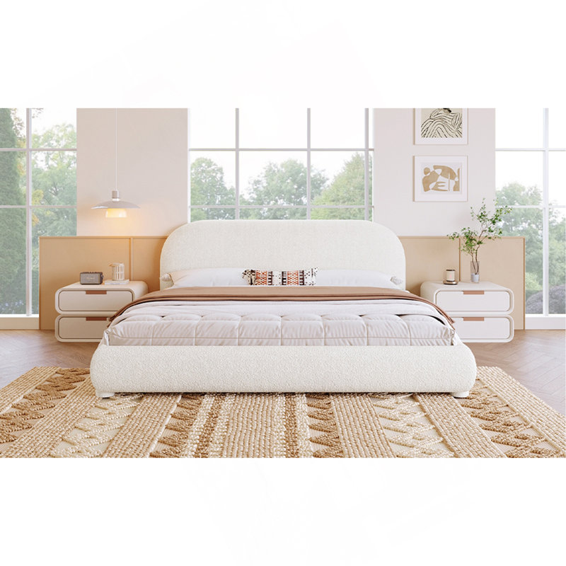 Lit tapissier en tissu de style crème, lit double simple pour chambre moderne, Très grand lit