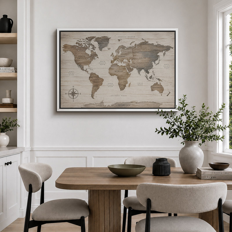 Rustic World Map Artwork, Office Pictures, Framed Canvas Giclee Print Wall Art, White Frame, H 16 po x l 24 po x P 1,5 po