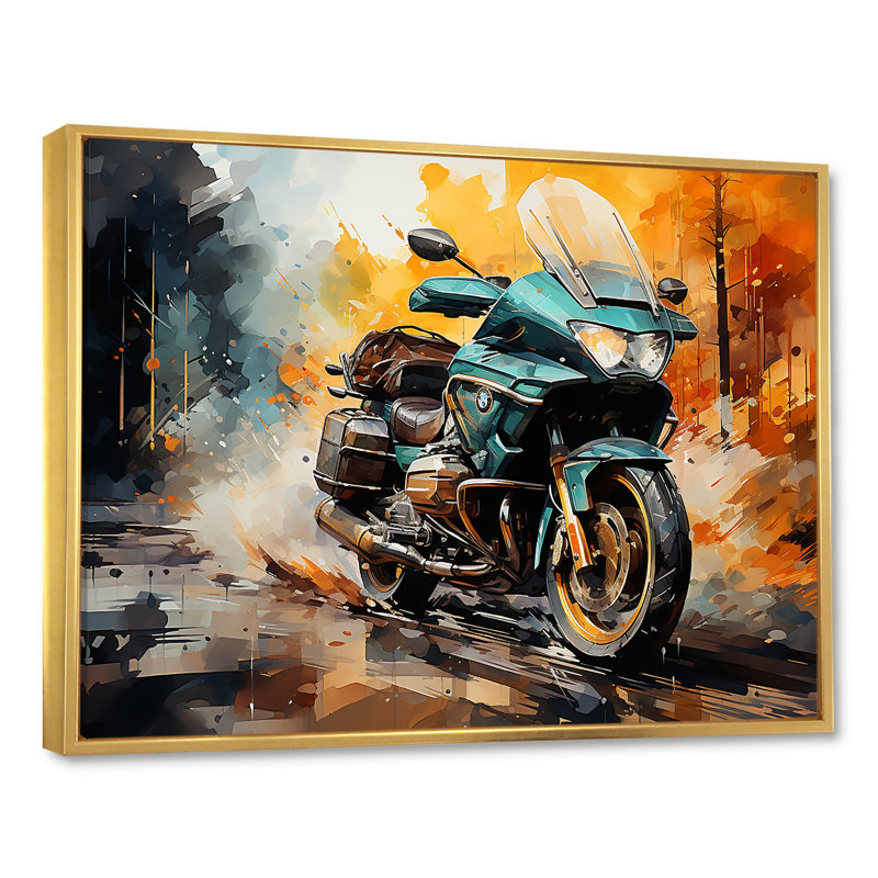 «Watercolor Motclecle Path», art mural sur toile, Cadre flottant doré, H 16 po x l 32 po x P 1 po