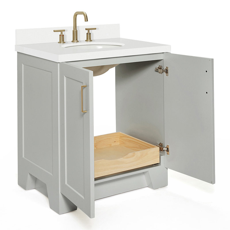 31 IN.  Single Bathroom Vanity, Gray, Oval, White Quartz