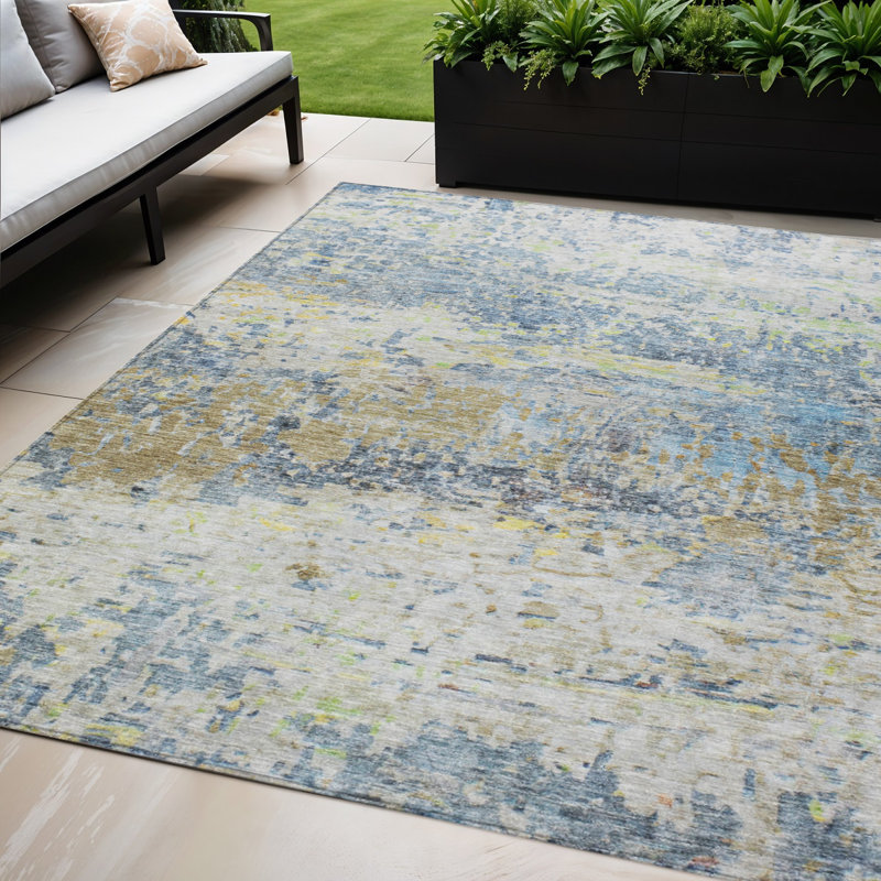 Tapis extérieur lavable abstrait bleu vert et ivoire 5 pi x 8 pi