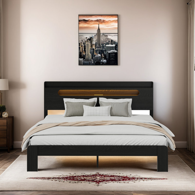 Farmhouse Platform Bed Frame with Storage Headboard, Wooden Bed Frame with Charging Station & Led Lights, King