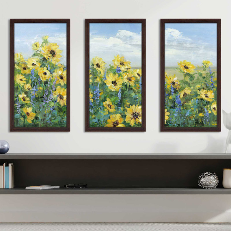 «Sunflower Fields Forever» par Sally Swatland - peinture sur cadre 3 pièces, L 40,5 po x H 25,5 po x P 1 po