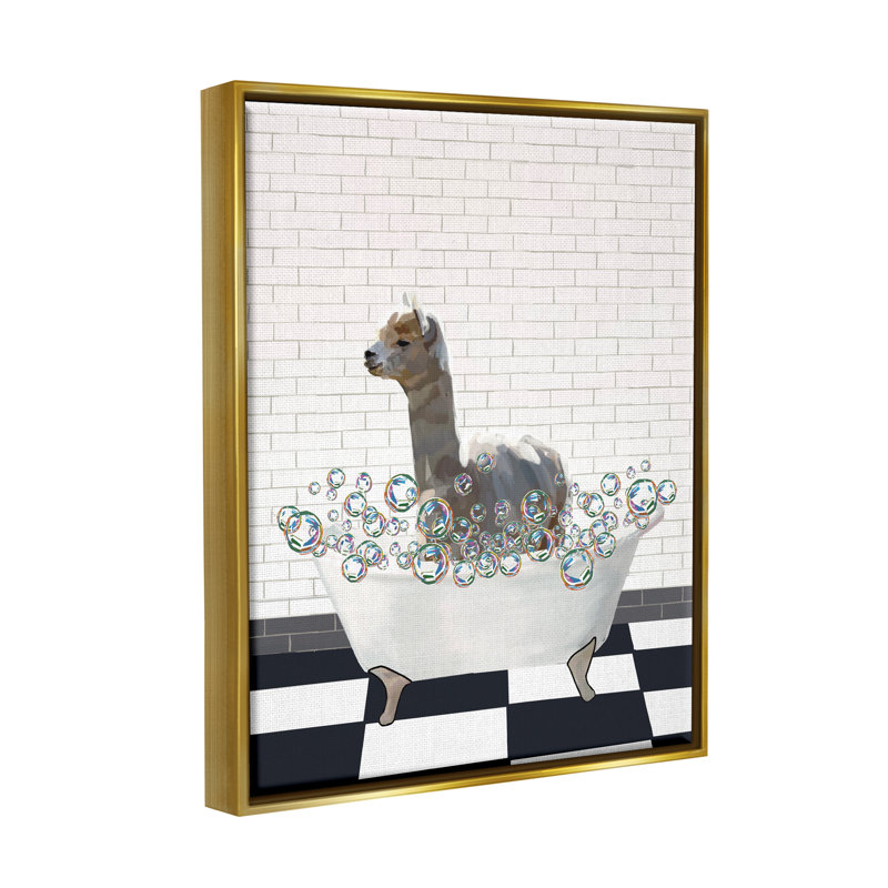 "Lama dans la baignoire", art mural encadré par Amelia Noyes, H 21 po x l 17 po x P 1,7 po, Cadre flottant métallique doré