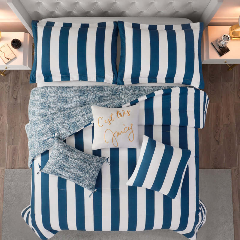 Juicy Couture Cabana Stripe Comforter Sets, King Comforter + 2 Shams + 3 Throw Pillows, Black/Hot Pink