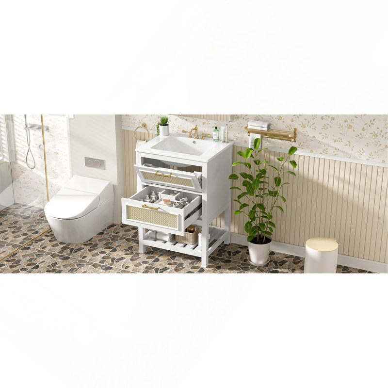 Meuble-lavabo de 24 po avec lavabo intégré en céramique, meuble-lavabo à 1 tiroir profond, 1 tiroir rabattable et meuble-lavabo simple pour petite et moyenne salle de bain