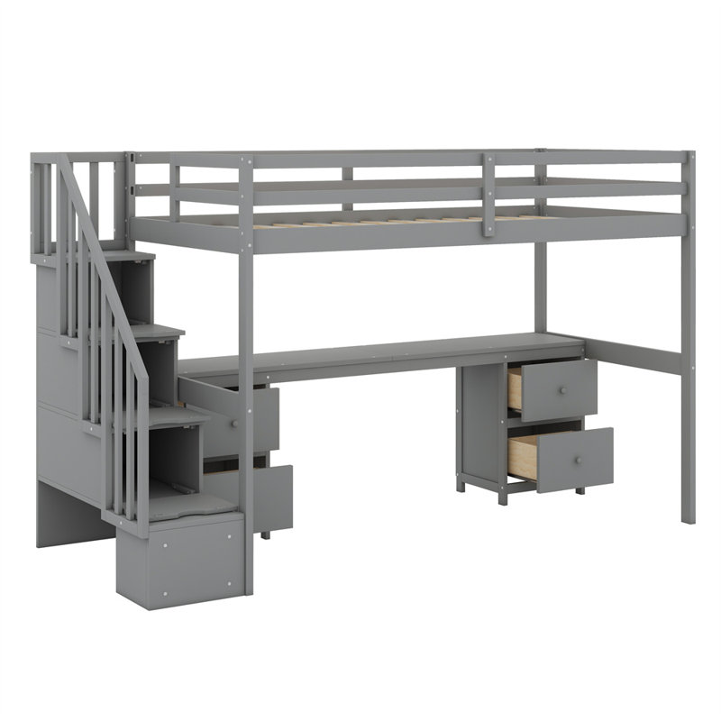 Loft Bed Frame With Built-In Desk And Double Storage Drawers, Gray