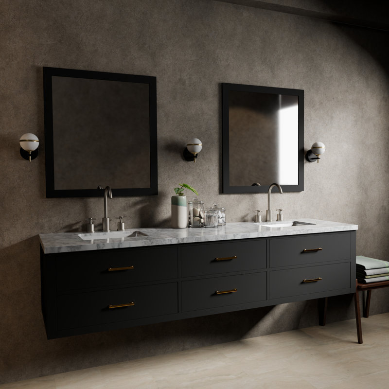 84" Wall-Mounted Double Bathroom Vanity Set, White Carrara Marble, Black