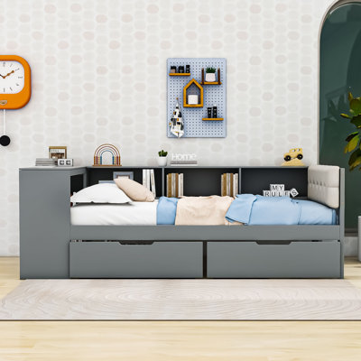 Lit de jour avec tête de lit tapissier, bureau intégré, tiroirs, tablettes et station de charge