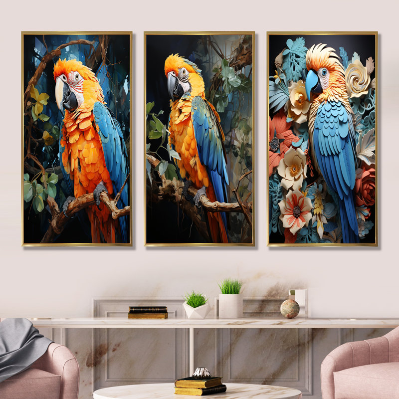 Jaune et bleu paradis perroquet - ensemble de 3 impressions sur toile perroquet, Cadre flottant doré, H 40 po x l 60 po