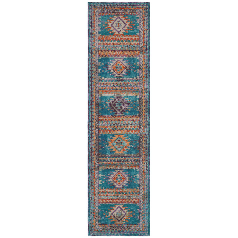 Salzer Turquoise Ember Wool Hand-Knotted Area Rug, Runner 2'6" x 10'