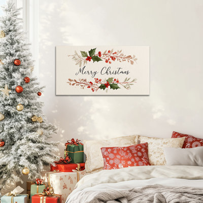 Grand art mural sur toile Merry Christmas, aquarelle, affiche de vacances botaniques, impressions sur toile de ferme d'hiver rétro, œuvre de décoration murale de Noël pour le salon ou la cuisine, 24 po x 48 po