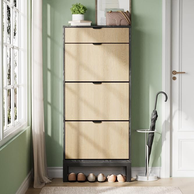 Armoire à chaussures avec 3 tiroirs rabattables, range-chaussures cannelé Farmhouse avec pieds en métal, étagère à chaussures étroite autoportante pour vestibule, couloir