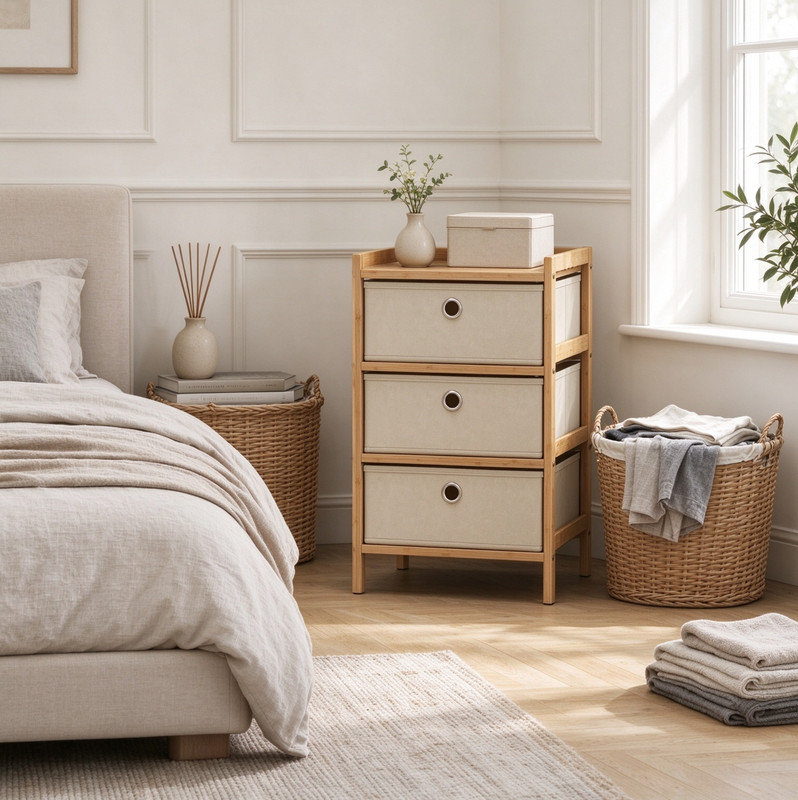 Minimal Bamboo Framed Storage Chest with Fabric Drawers, Cream Slim Dresser for Small Spaces