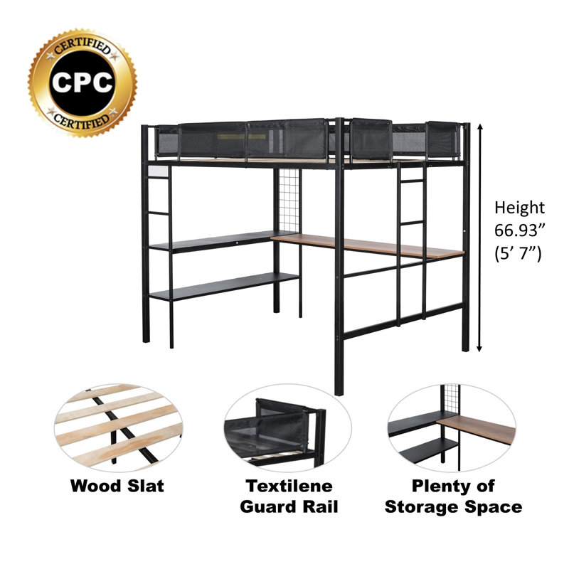Lit mezzanine double en métal avec bureau et tablettes intégrés, structure en acier robuste, lattes en bois sans bruit, garde-corps en textilène, doubles échelles