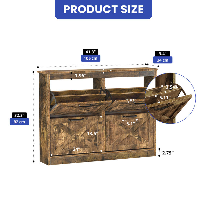 Armoire à chaussures en bois Farmhouse avec 4 tiroirs rabattables et pieds en métal, Brun rustique