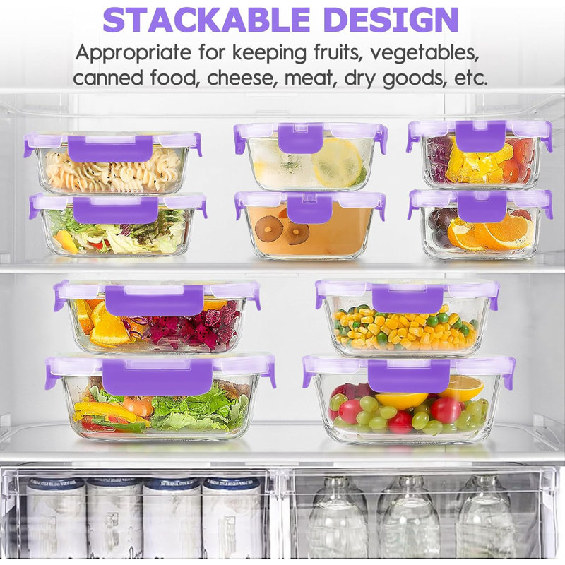 34-Piece Clear Glass Food Storage Containers with Purple Lids