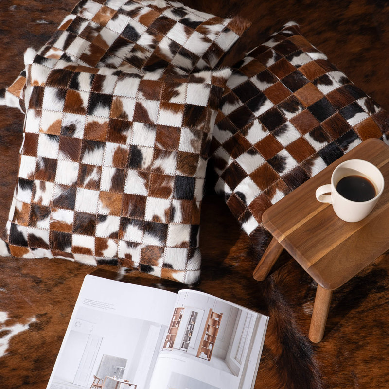 Cowhide Patchwork Pillow Cover & Insert, Brown/White