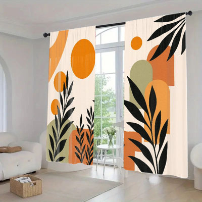 2Pcs Abstract Geometric Black Leaves Print Curtains, Bohemian Style Rod Pocket Window Drapes, Warm Color Sunscreen For Living Room Bedroom Kitchen Dining Home Decor Treatment