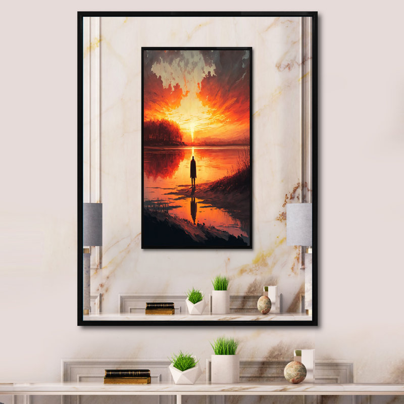 Regarder un coucher de soleil magnifique au bord du lac I - reproduction, H 32 po x l 16 po x P 1 po, Cadre flottant noir