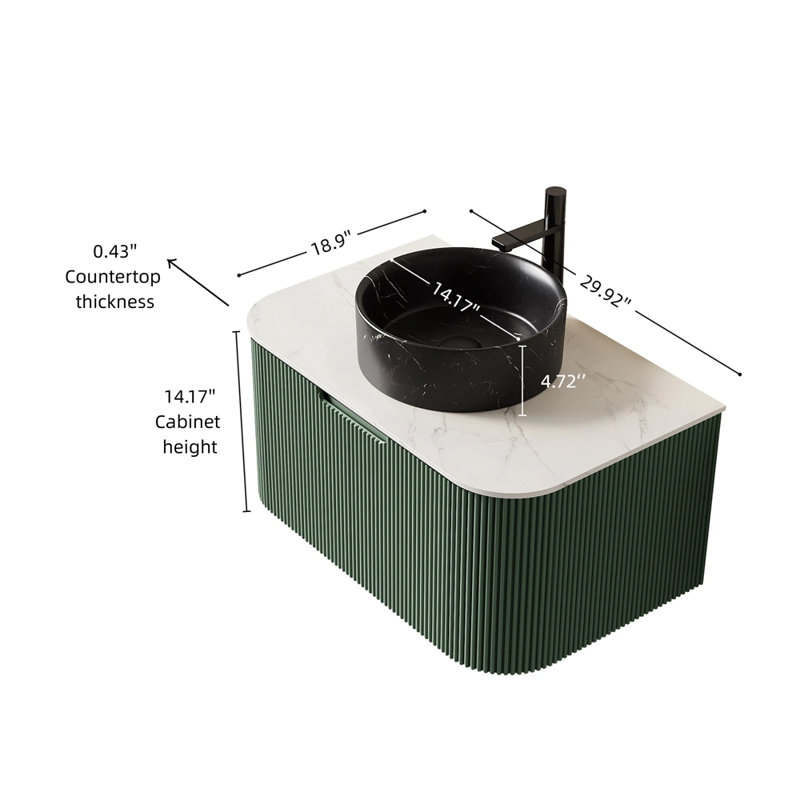 Meuble-lavabo 30 po, armoire de salle de bain en contreplaqué rayé à bords arrondis avec tiroir, lavabo rond en céramique noir mat et plateau en pierre frittée, pré-assemblé