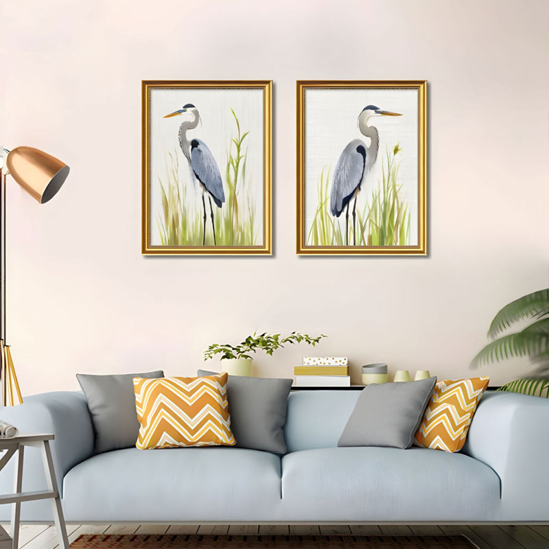 Ensemble de 2 reproductions d'art sur toile encadrées d'oiseaux héron