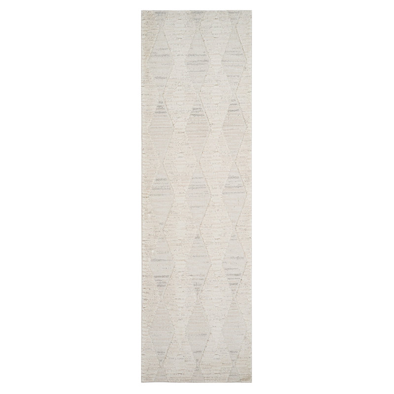 8' Cream and Beige Geometric Distressed Runner Rug