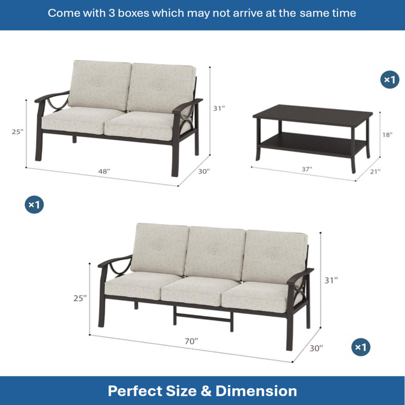 Ensemble de meubles de patio en métal 3 pièces, Beige