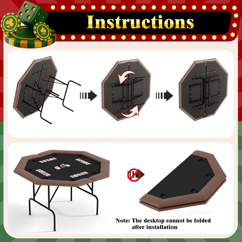 Table de poker pliable octogonale pour 8 joueurs, table de jeu de style casino avec pieds en métal, feutre noir imperméable, accoudoirs rembourrés, porte-gobelets - parfaits pour la maison, les fêtes, tasse en plastique de polyuréthane brun
