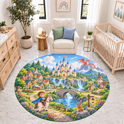 "Ultra Thin" 6' x 6' Prince Castle Dragon Village Round Area Rug, Soft Low Pile Indoor Rug with Non-Slip Silicone Backing Carpet for Nursery, Kids Room and Playroom