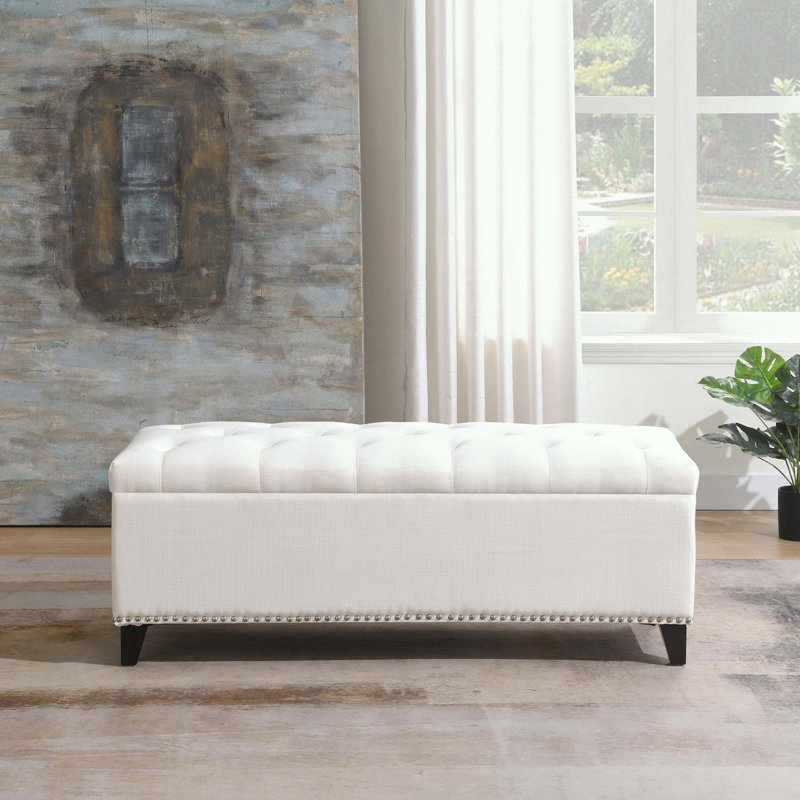 Banc de rangement avec repose-pieds avec charnière de sécurité et capitonnage à boutons en lin, Beige