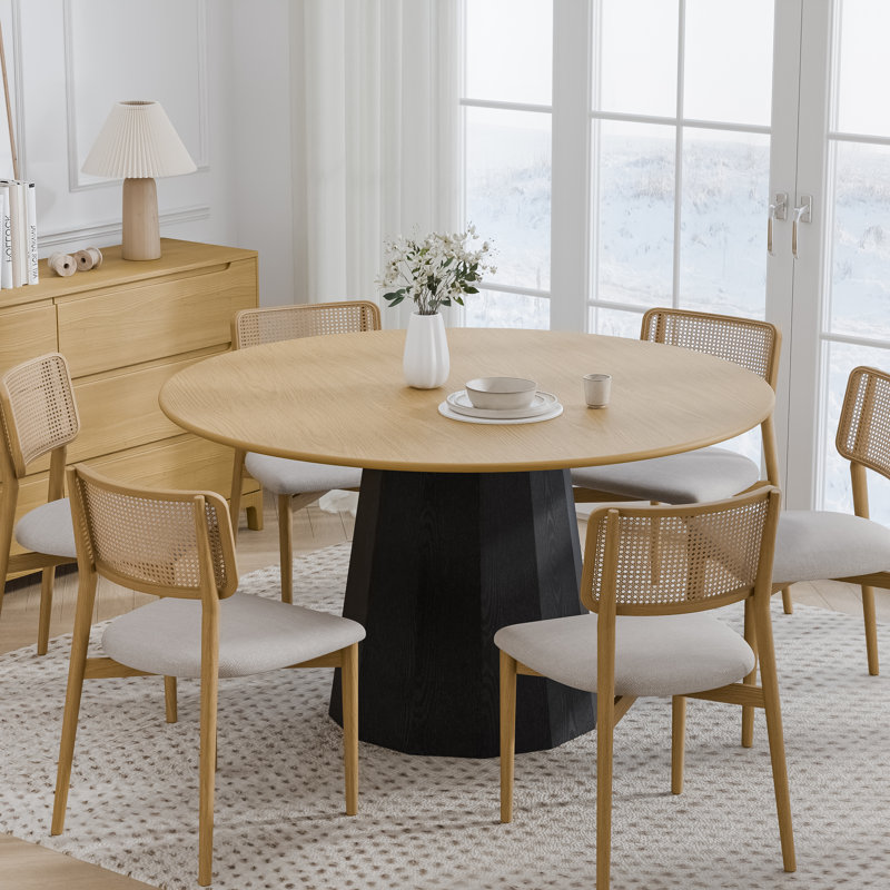 52" Two-tone Round Oak Dining Table with Solid Wood Pedestal Modern Kitchen Table for Living Room Dining Room Seats 6