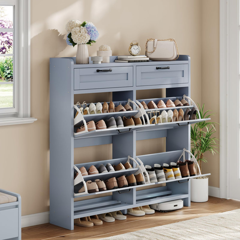 Shoe Cabinet with 4 Flip Drawers & 2 Top Drawers, Wooden Shoe Organizer Cabinet with Adjustable Shelf, Freestanding Shoe Storage Cabinets