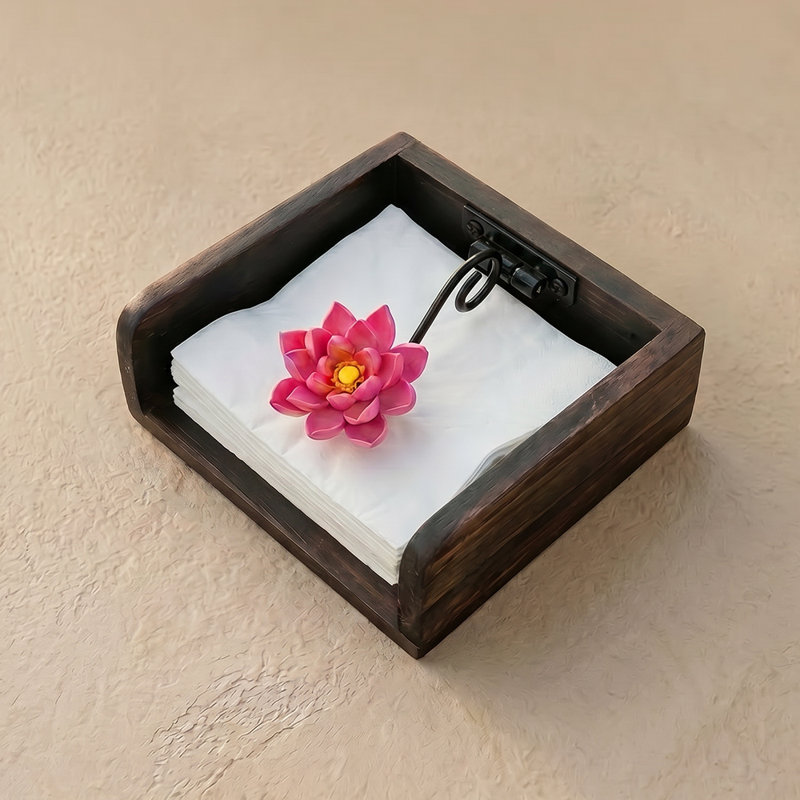 Wooden Napkin Holder with Lotus Flower Weighted Arm, Rustic Wood Napkin Holder 