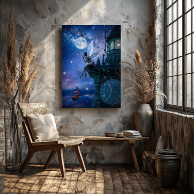 Canvas A Whimsical Night Scene Featuring A Fairy With Delicate Translucent Wall Art Wings Playfully Perched On The Edge Of A Clock Canvas Wall Art