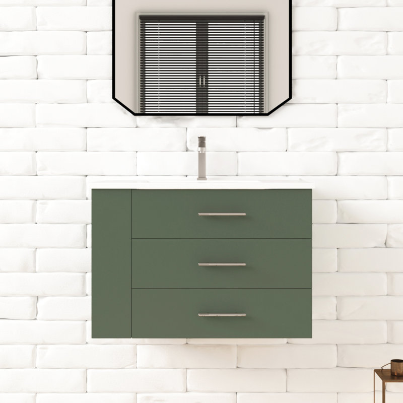 Ensemble de meuble-lavabo mural simple 30 po avec comptoir en céramique blanc vert forêt et tablette gauche Aurilla, Vert