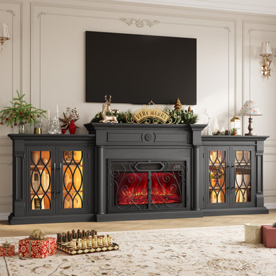 Meuble télé de style ferme avec foyer intégré de 264 cm, centre multimédia avec éclairage DEL, prises électriques et rangements, grande console multimédia avec foyer électrique de 76 cm et portes à volutes rétro, noir