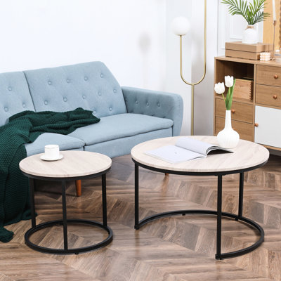 Tables gigognes rondes grises, sur 2 tables de salon à cadre en métal. Look industriel, choix de tables de bout et d'appoint. Espace stable. Capacité de poids de 22 lb chacune. 29,5 po x H 19,25 po et H 19,75 po x 17,75 po Assemblage