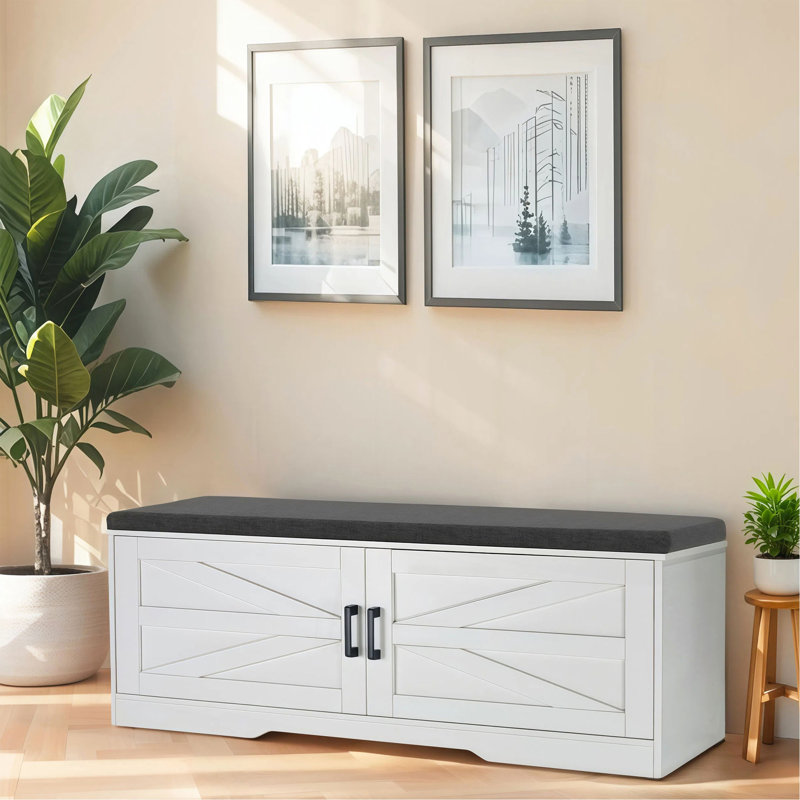 Farmhouse 2-tier Storage Bench With Cushion, Barn Door Entryway Bench With Adjustable Shelves, White